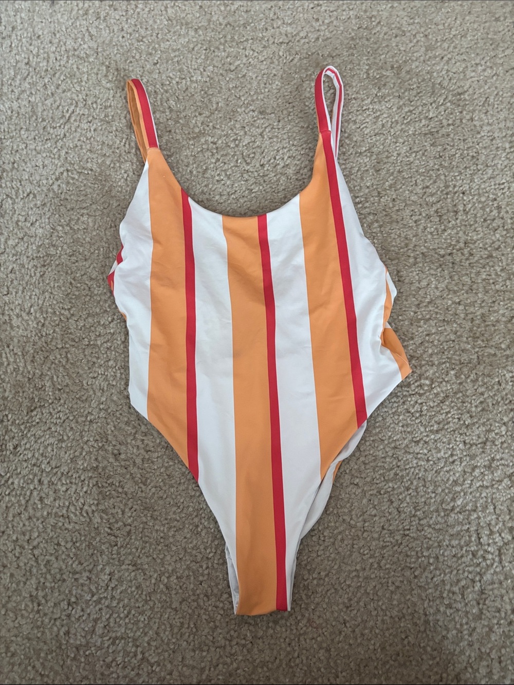 Vertical Stripe One-Piece Swimsuit in White, Orange & Red